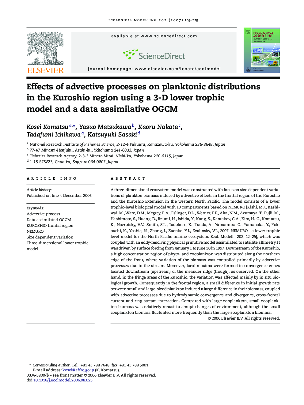 Effects of advective processes on planktonic distributions in the Kuroshio region using a 3-D lower trophic model and a data assimilative OGCM