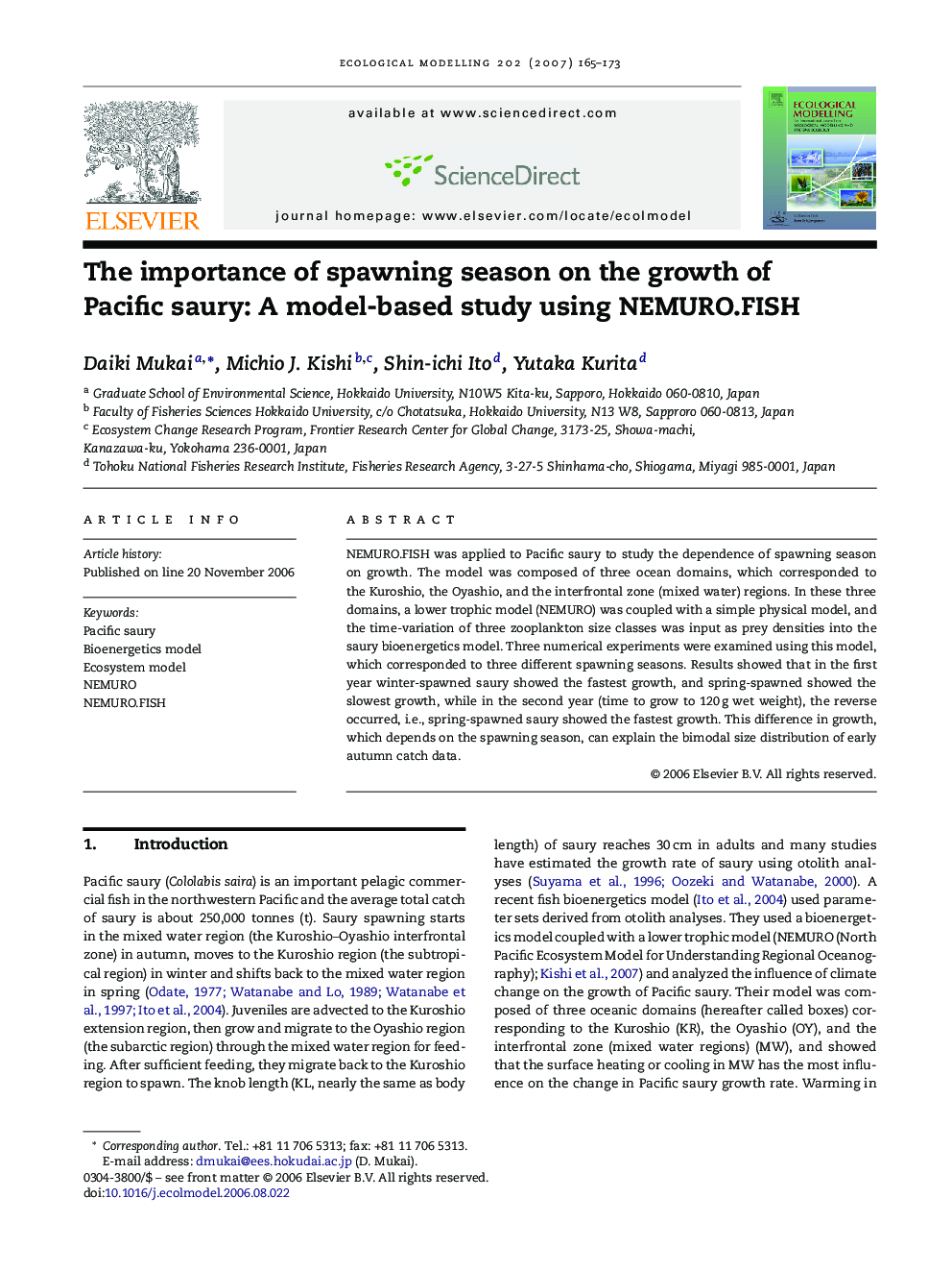 The importance of spawning season on the growth of Pacific saury: A model-based study using NEMURO.FISH