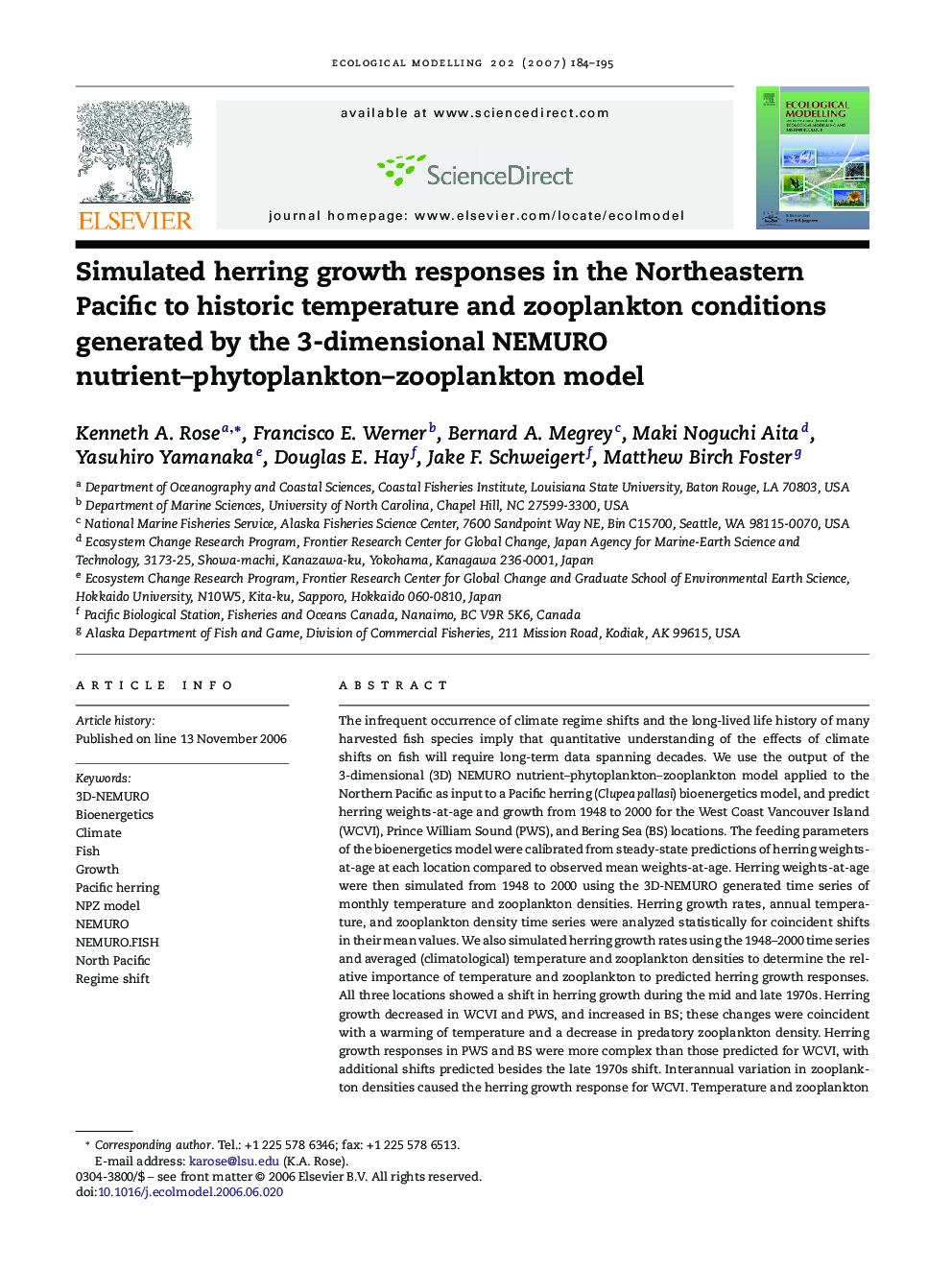 Simulated herring growth responses in the Northeastern Pacific to historic temperature and zooplankton conditions generated by the 3-dimensional NEMURO nutrient-phytoplankton-zooplankton model