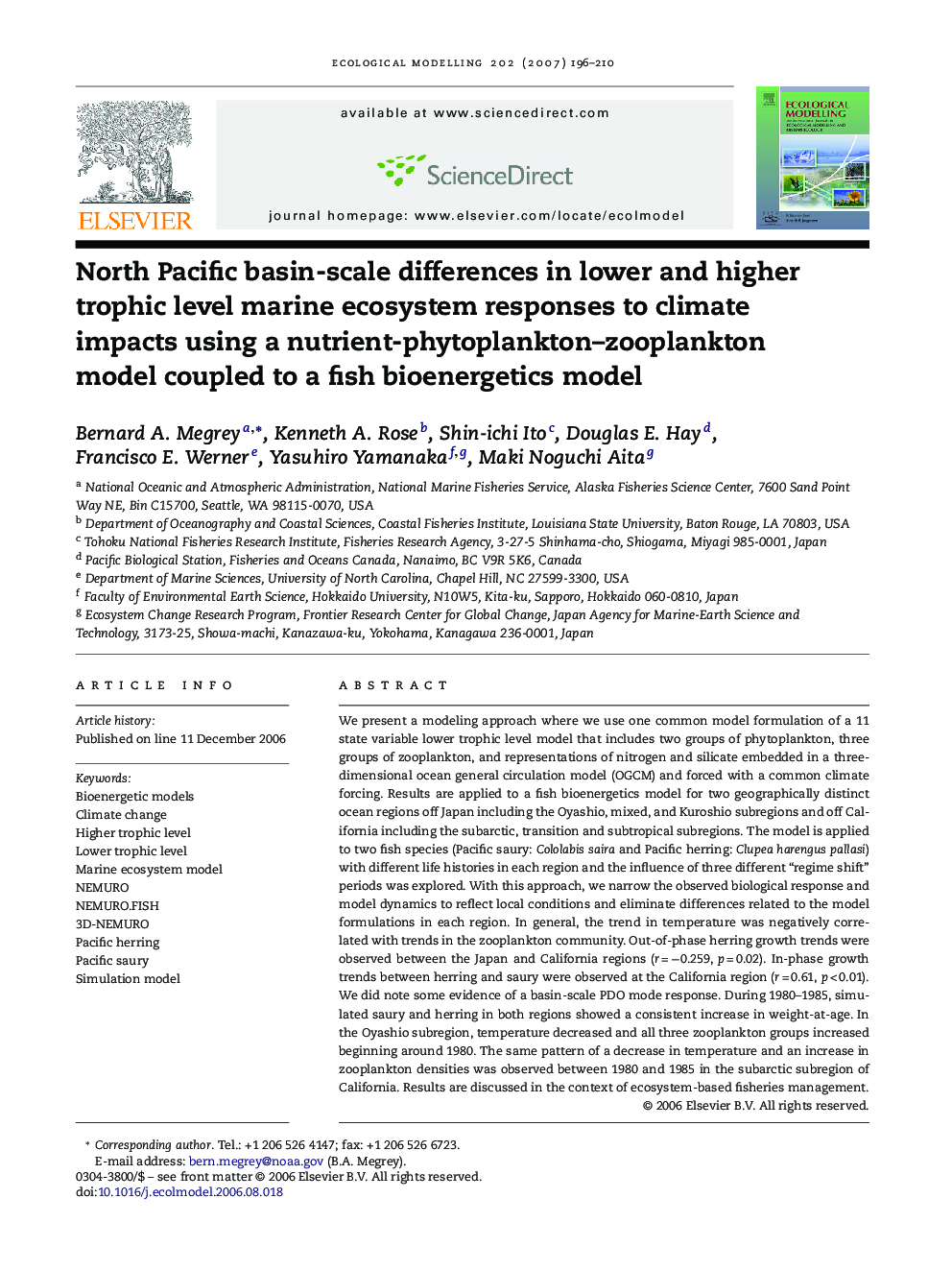 North Pacific basin-scale differences in lower and higher trophic level marine ecosystem responses to climate impacts using a nutrient-phytoplankton–zooplankton model coupled to a fish bioenergetics model