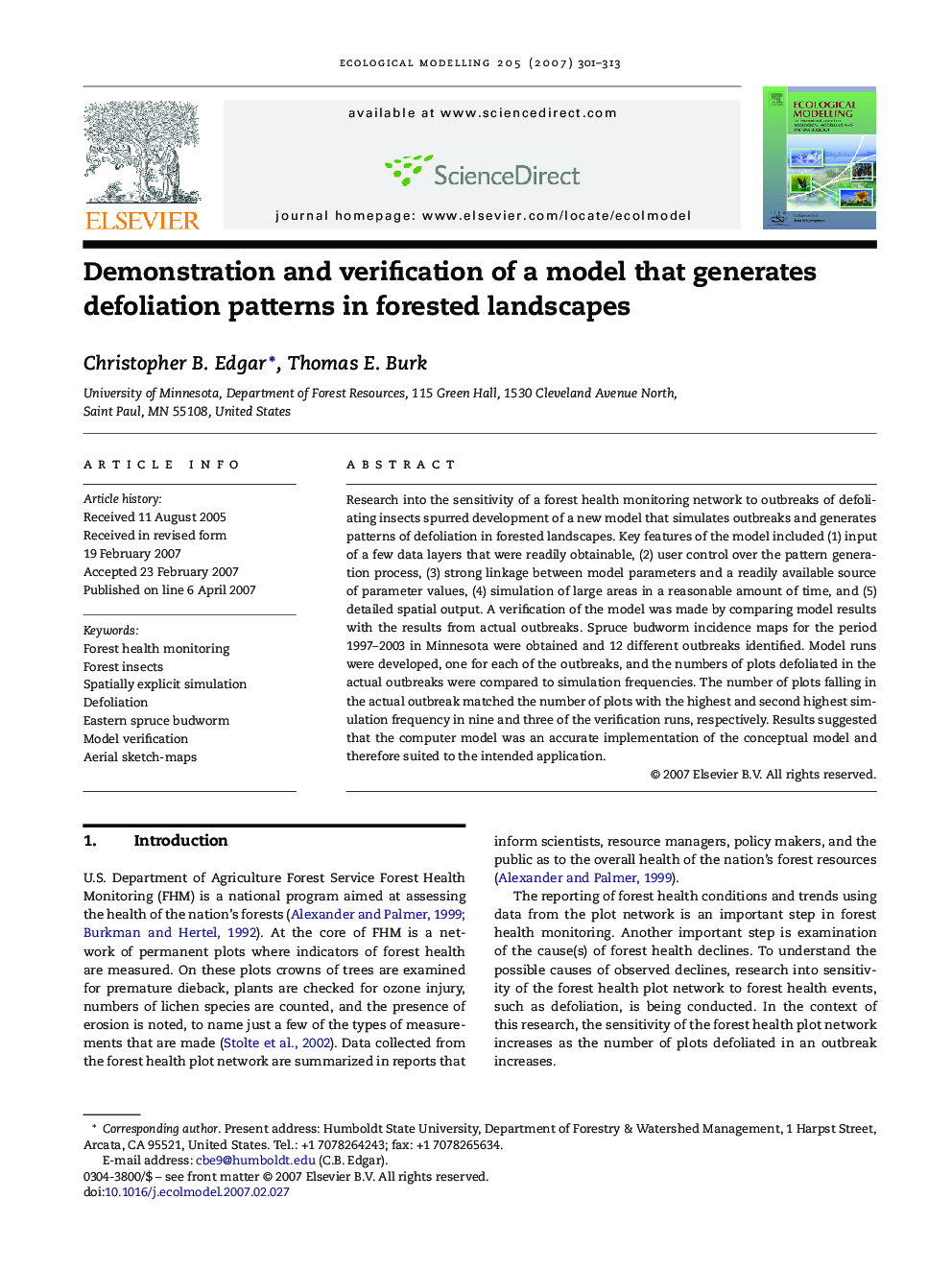 Demonstration and verification of a model that generates defoliation patterns in forested landscapes