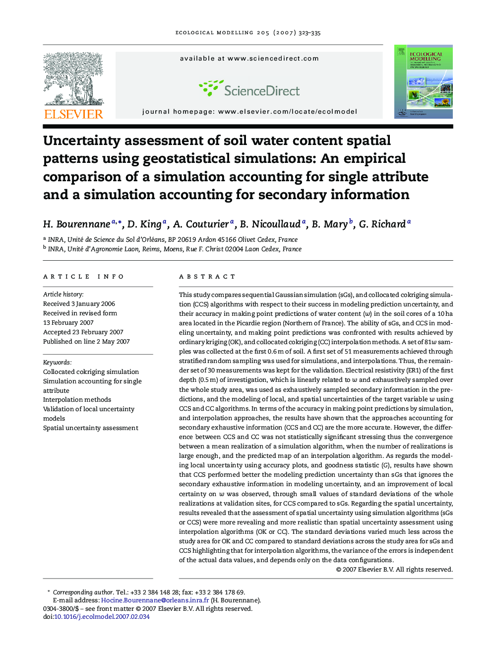 Uncertainty assessment of soil water content spatial patterns using geostatistical simulations: An empirical comparison of a simulation accounting for single attribute and a simulation accounting for secondary information