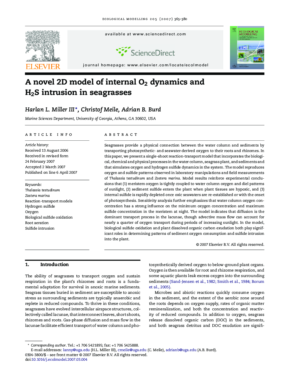 A novel 2D model of internal O2 dynamics and H2S intrusion in seagrasses