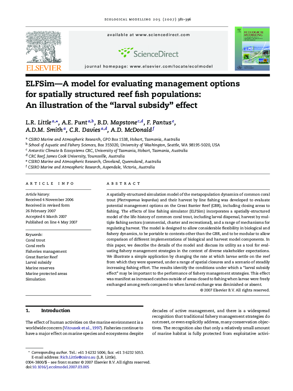 ELFSim—A model for evaluating management options for spatially structured reef fish populations: An illustration of the “larval subsidy” effect