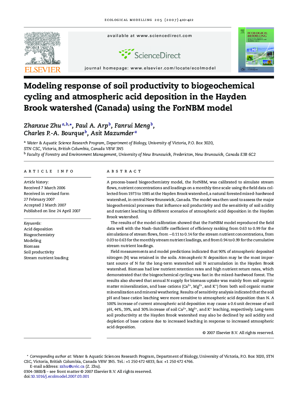 Modeling response of soil productivity to biogeochemical cycling and atmospheric acid deposition in the Hayden Brook watershed (Canada) using the ForNBM model