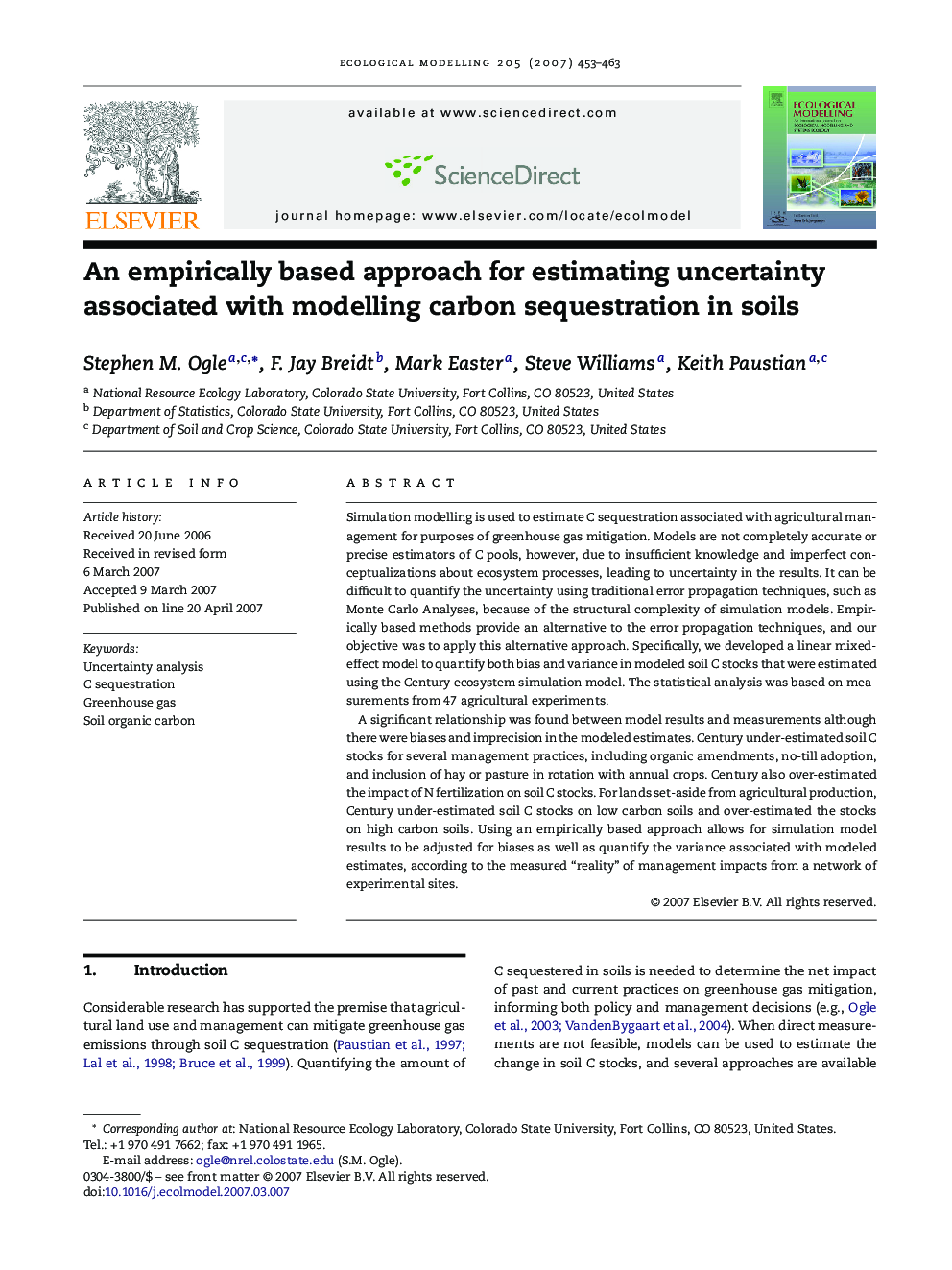 An empirically based approach for estimating uncertainty associated with modelling carbon sequestration in soils