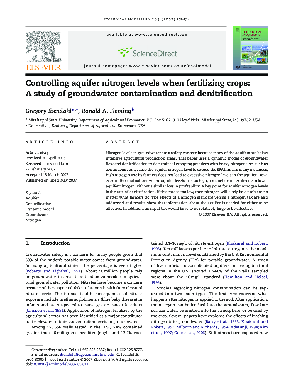 Controlling aquifer nitrogen levels when fertilizing crops: A study of groundwater contamination and denitrification