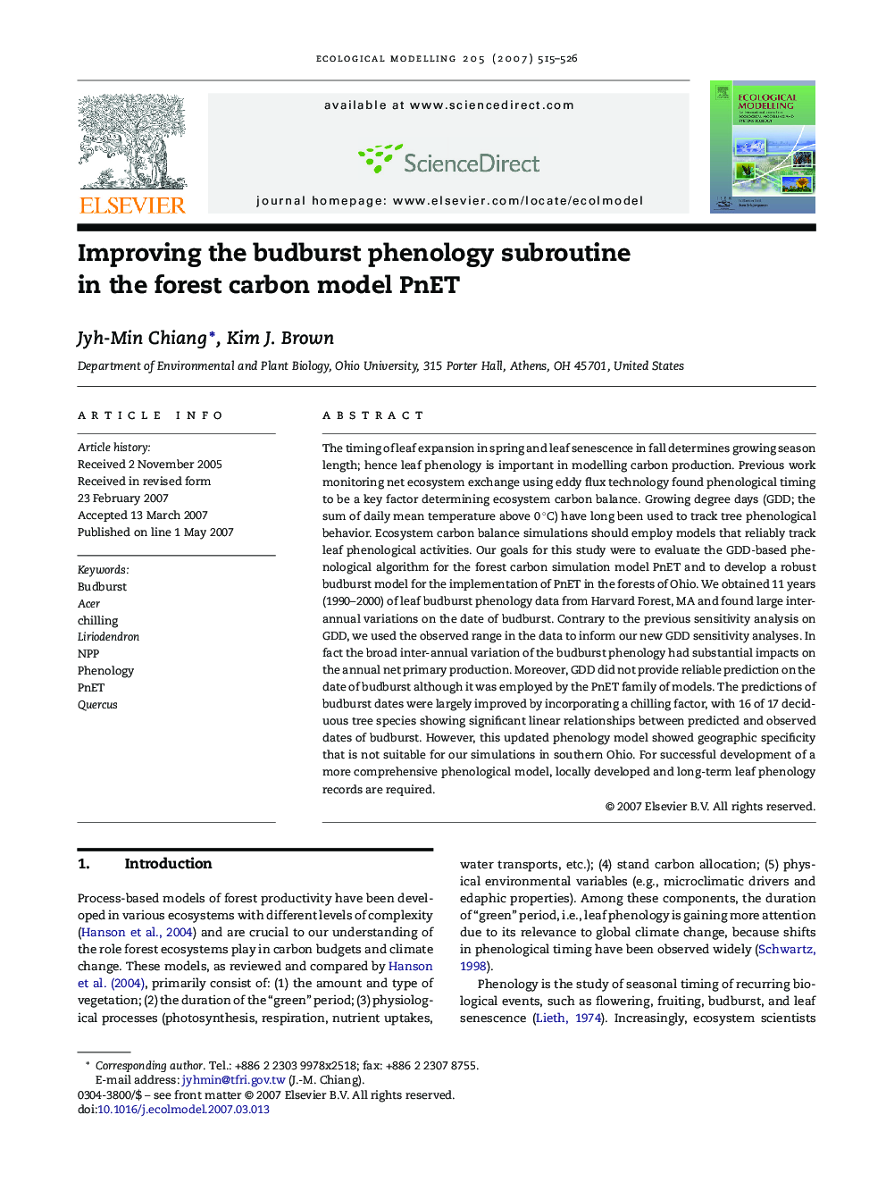 Improving the budburst phenology subroutine in the forest carbon model PnET