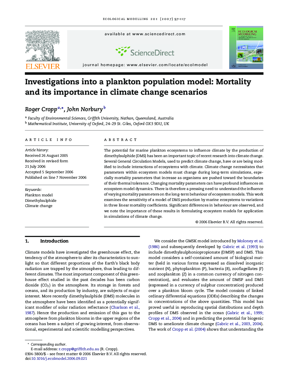 Investigations into a plankton population model: Mortality and its importance in climate change scenarios