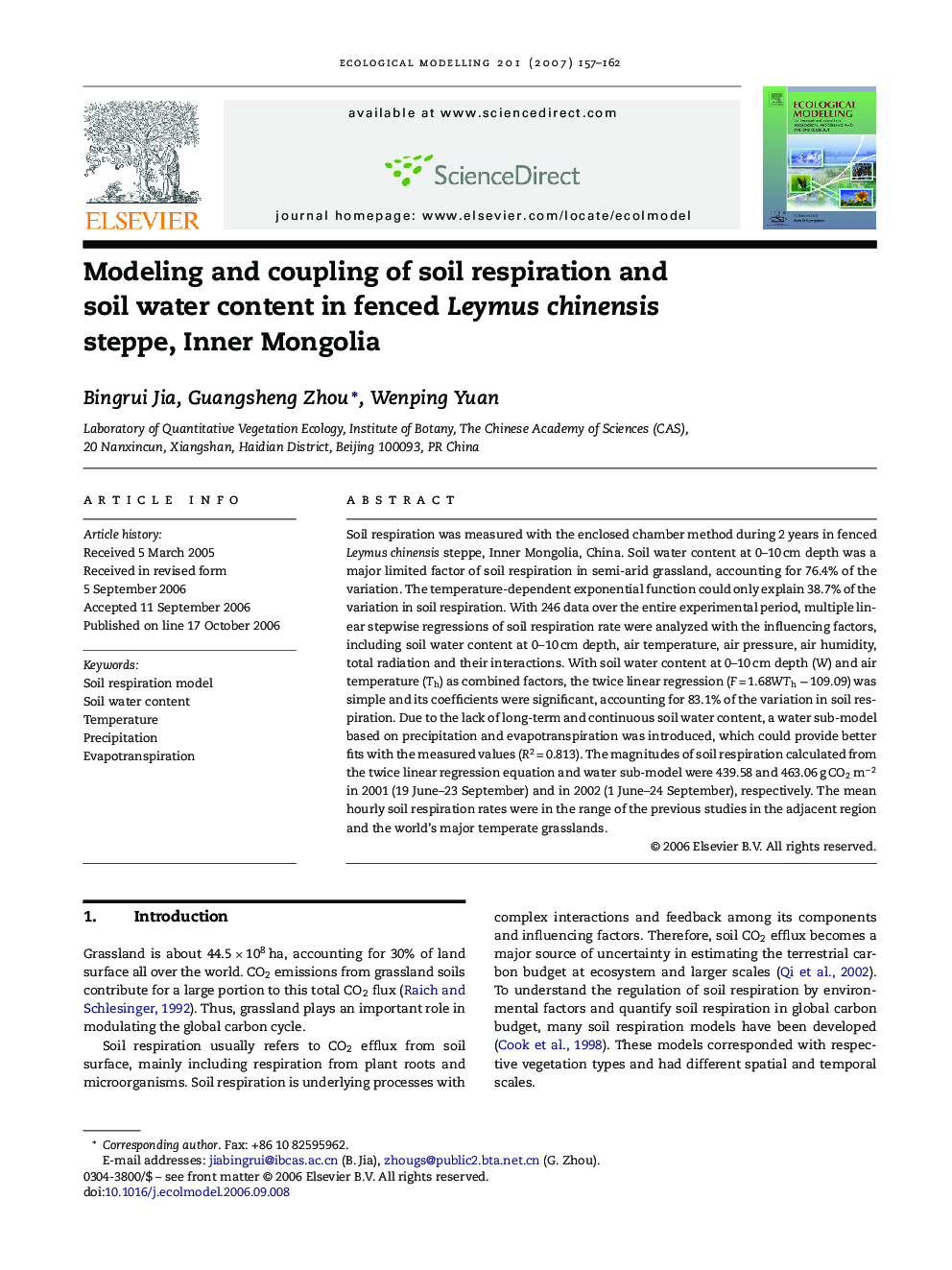 Modeling and coupling of soil respiration and soil water content in fenced Leymus chinensis steppe, Inner Mongolia