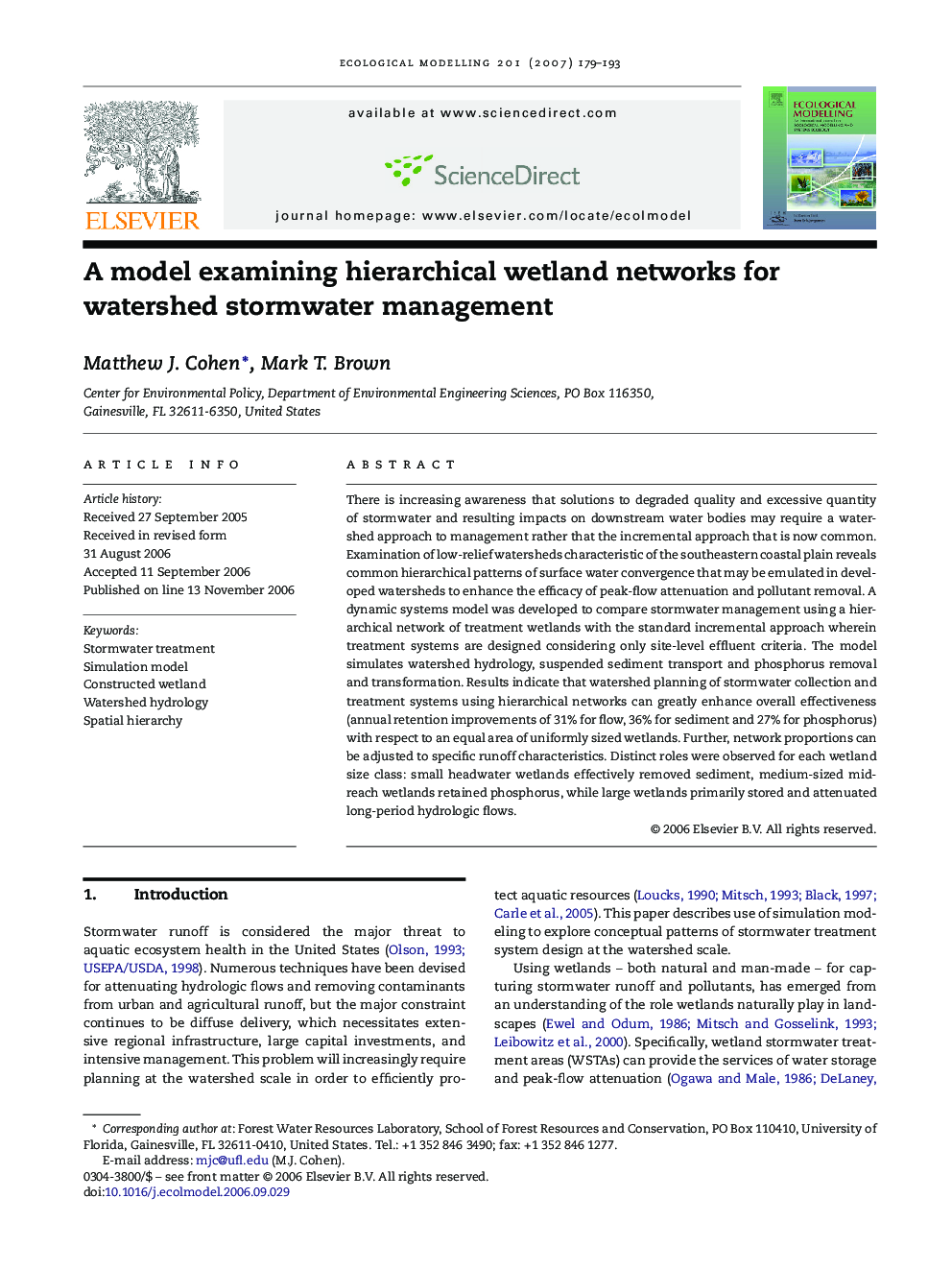 A model examining hierarchical wetland networks for watershed stormwater management