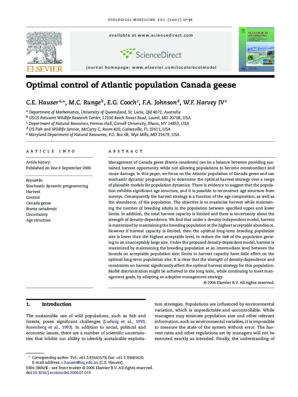 Optimal control of Atlantic population Canada geese