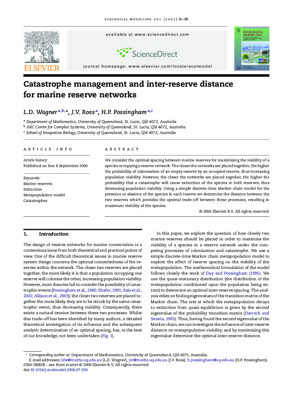 Catastrophe management and inter-reserve distance for marine reserve networks