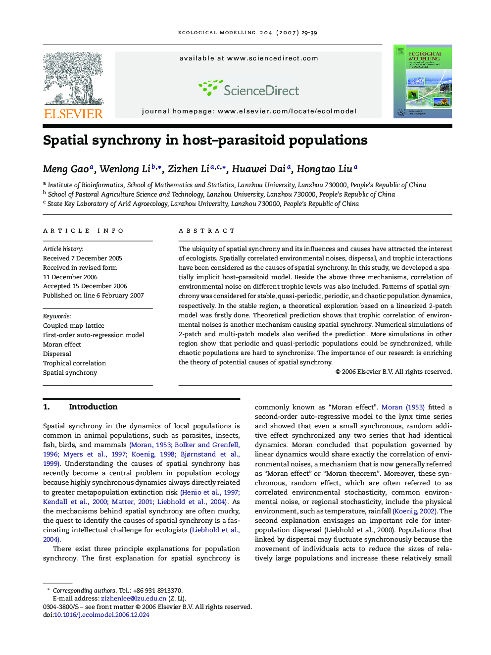 Spatial synchrony in host–parasitoid populations