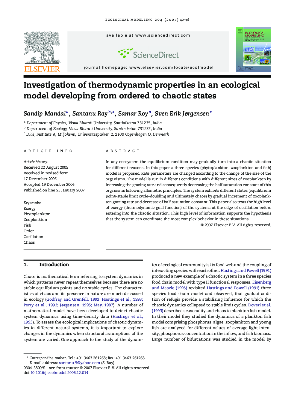 Investigation of thermodynamic properties in an ecological model developing from ordered to chaotic states