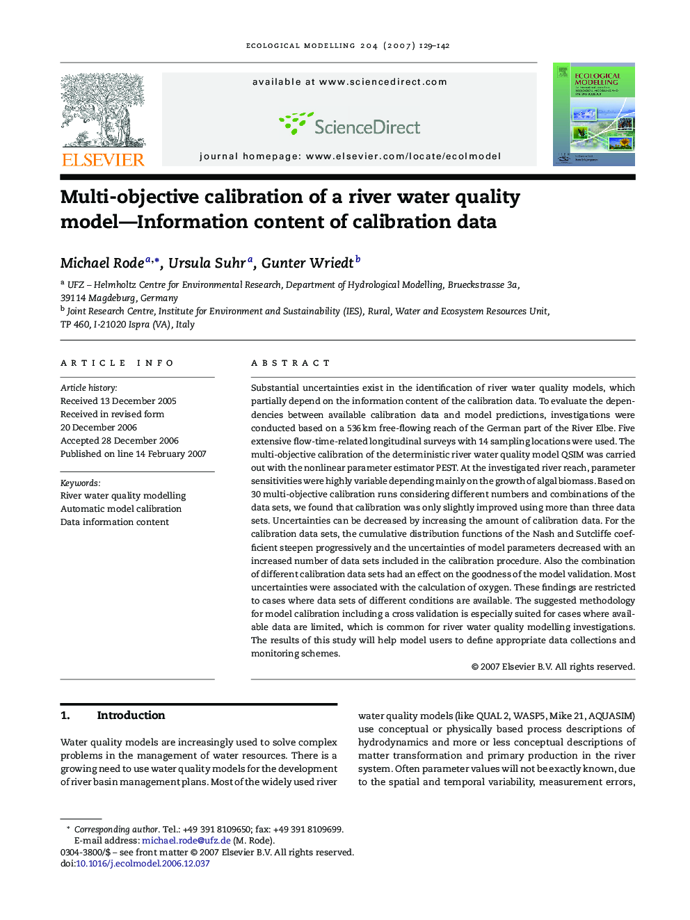 Multi-objective calibration of a river water quality model-Information content of calibration data