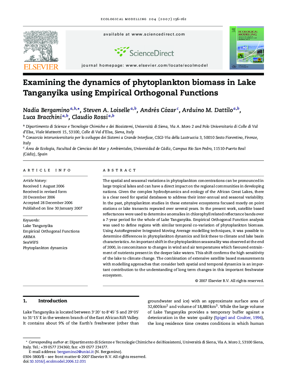 Examining the dynamics of phytoplankton biomass in Lake Tanganyika using Empirical Orthogonal Functions