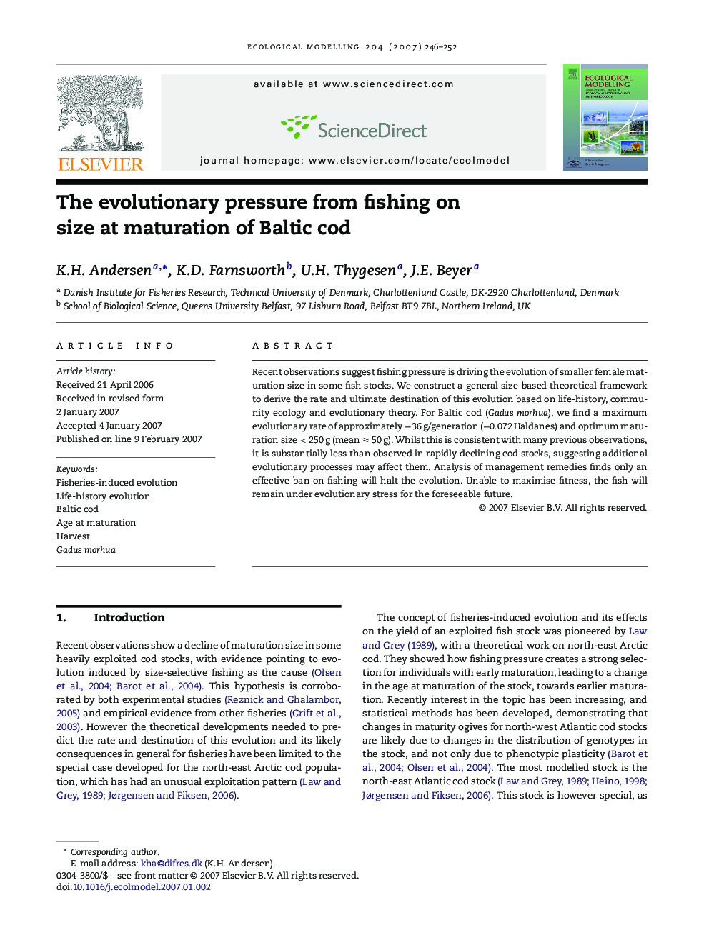 The evolutionary pressure from fishing on size at maturation of Baltic cod