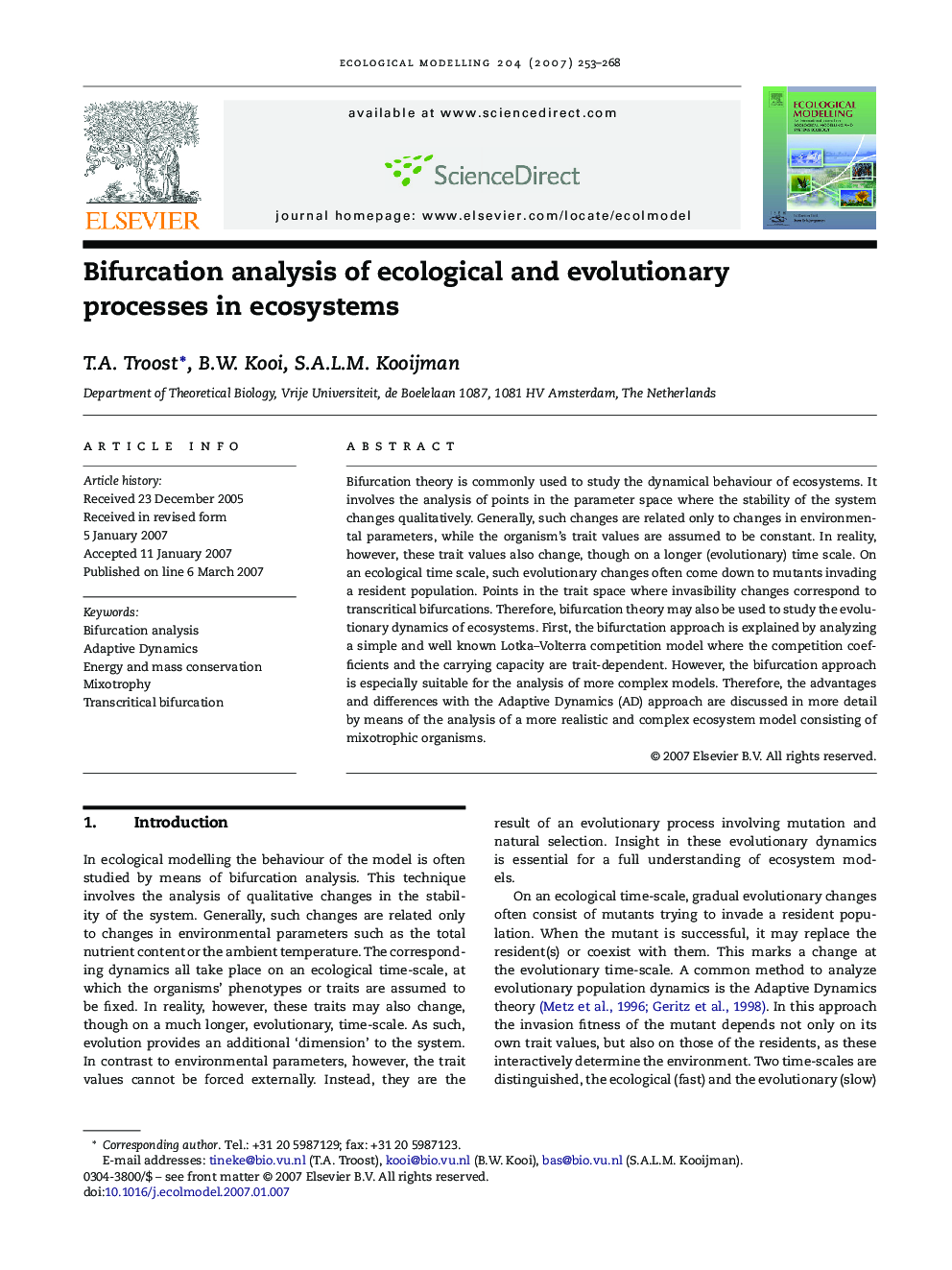 Bifurcation analysis of ecological and evolutionary processes in ecosystems