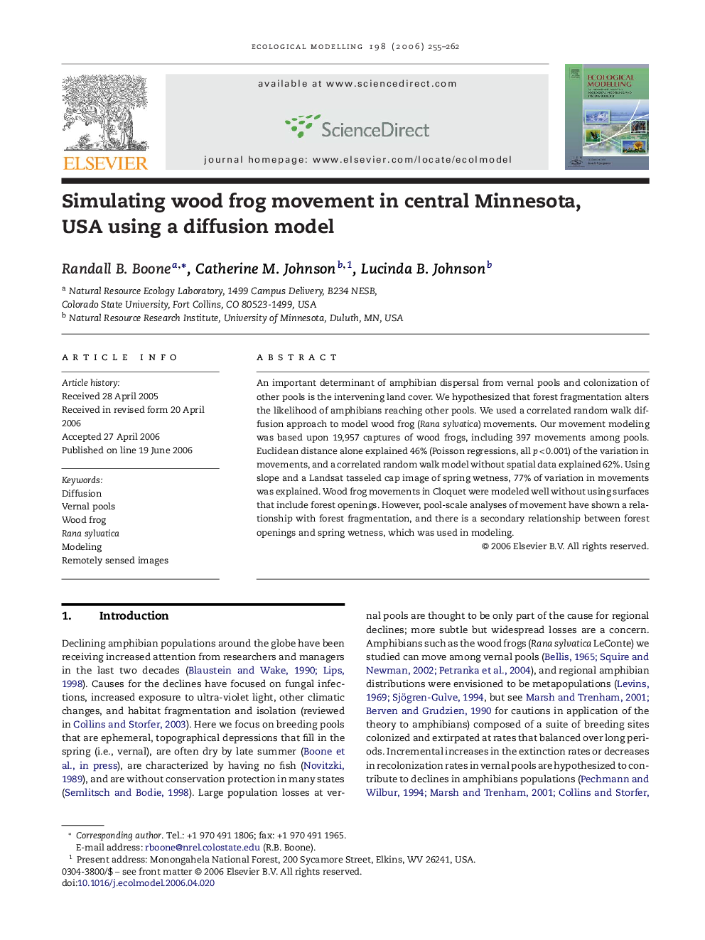 Simulating wood frog movement in central Minnesota, USA using a diffusion model