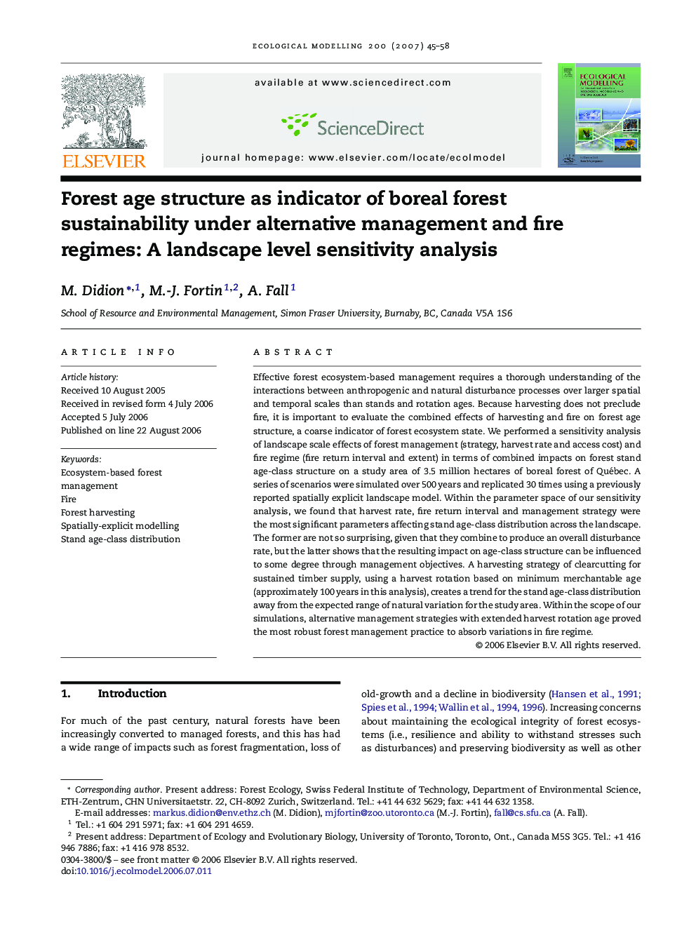 Forest age structure as indicator of boreal forest sustainability under alternative management and fire regimes: A landscape level sensitivity analysis