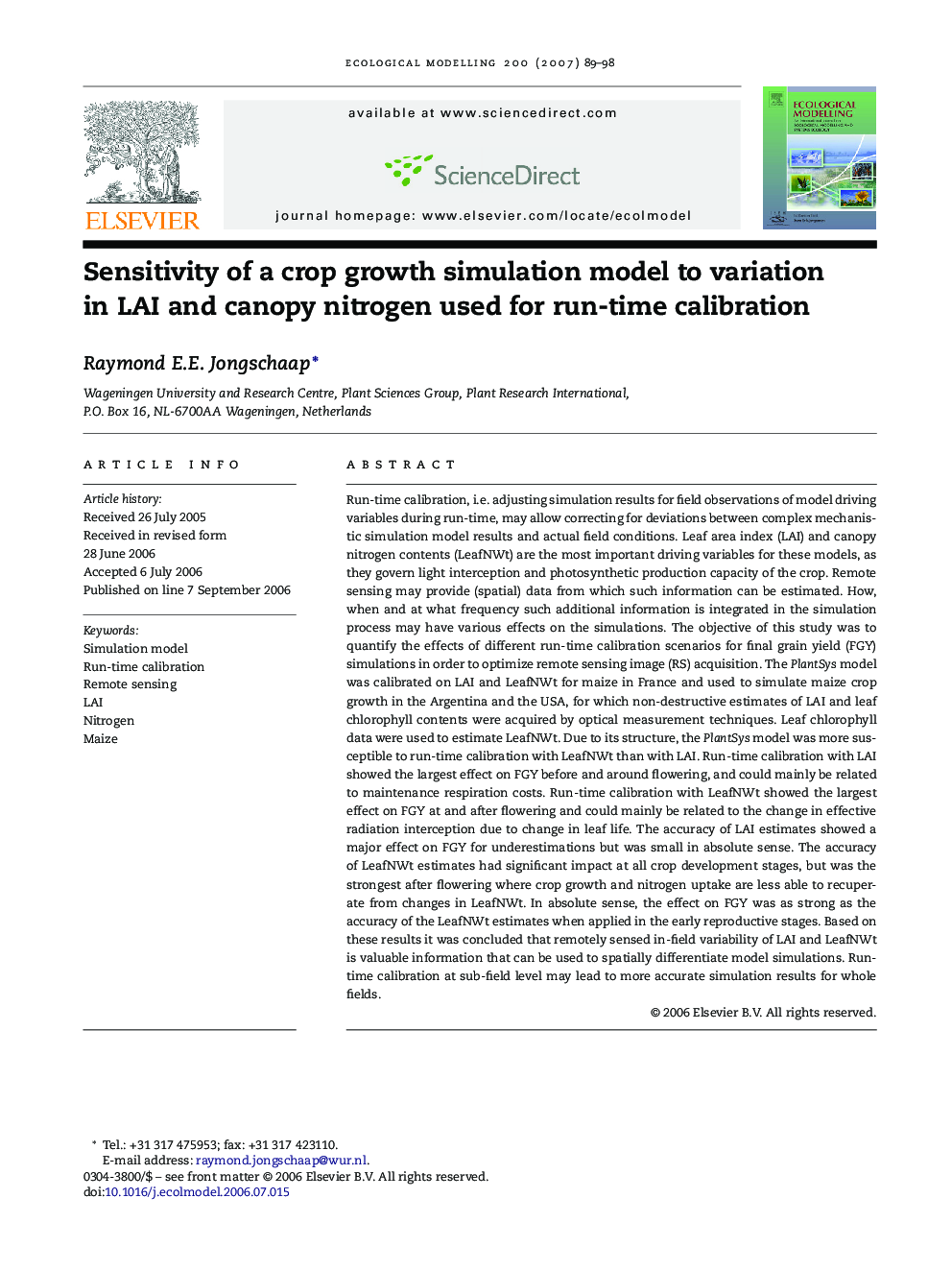 Sensitivity of a crop growth simulation model to variation in LAI and canopy nitrogen used for run-time calibration