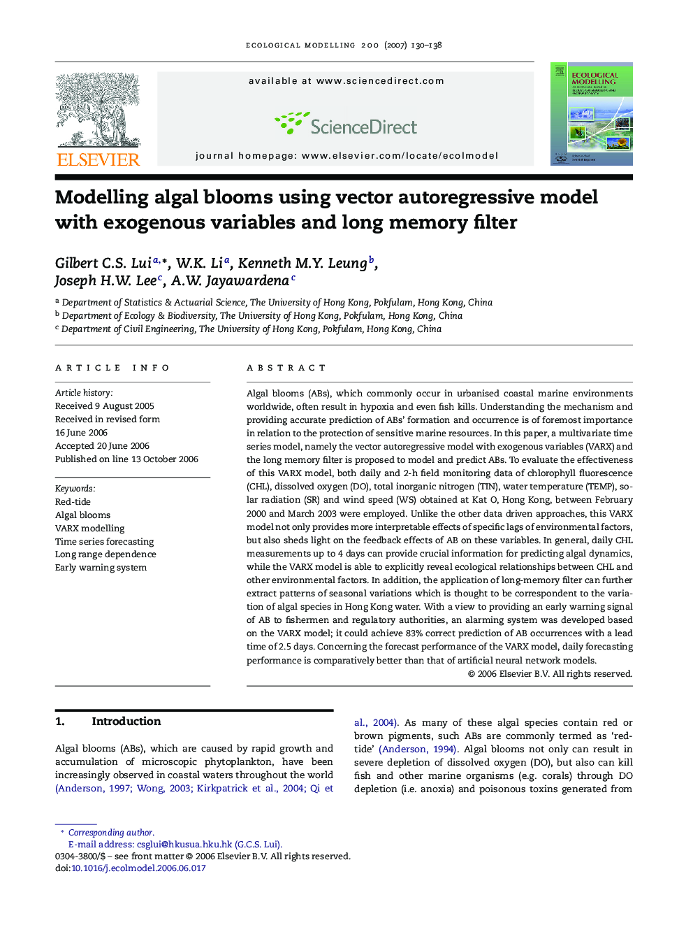 Modelling algal blooms using vector autoregressive model with exogenous variables and long memory filter