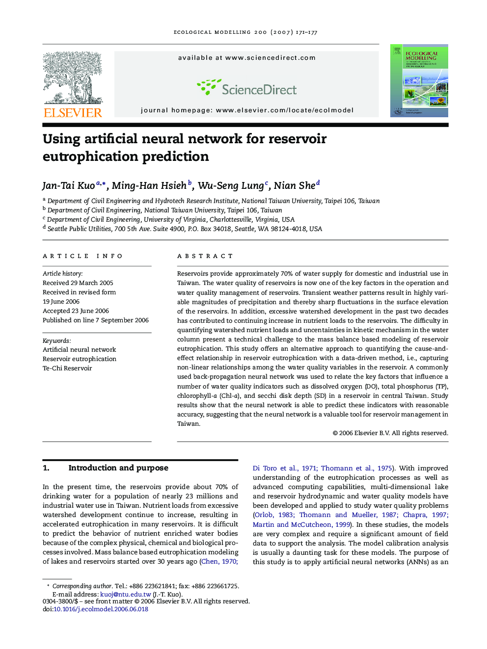 Using artificial neural network for reservoir eutrophication prediction