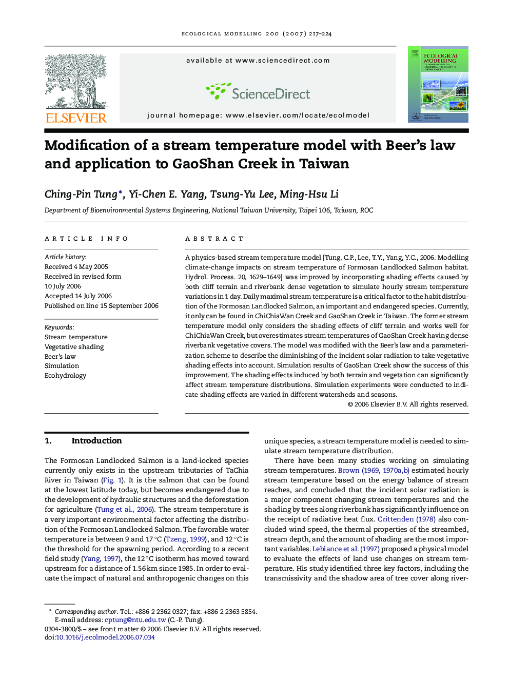 Modification of a stream temperature model with Beer's law and application to GaoShan Creek in Taiwan
