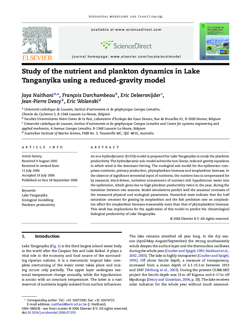 Study of the nutrient and plankton dynamics in Lake Tanganyika using a reduced-gravity model