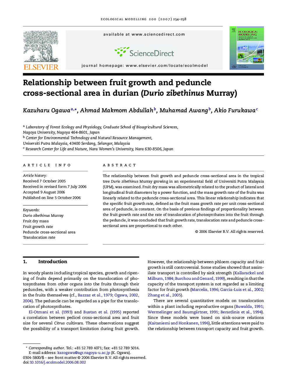 Relationship between fruit growth and peduncle cross-sectional area in durian (Durio zibethinus Murray)