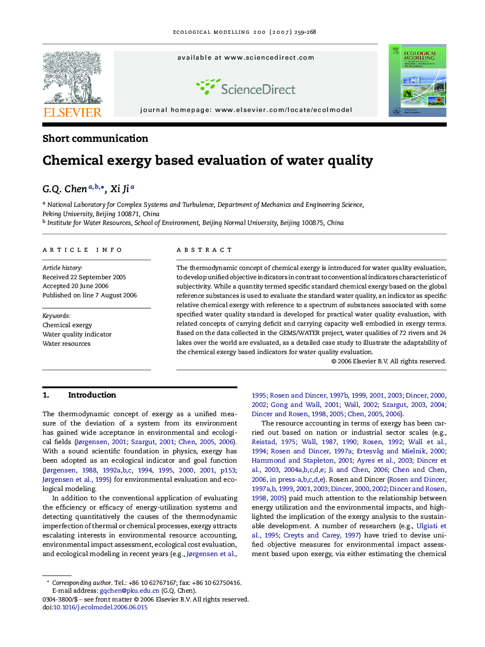 Chemical exergy based evaluation of water quality