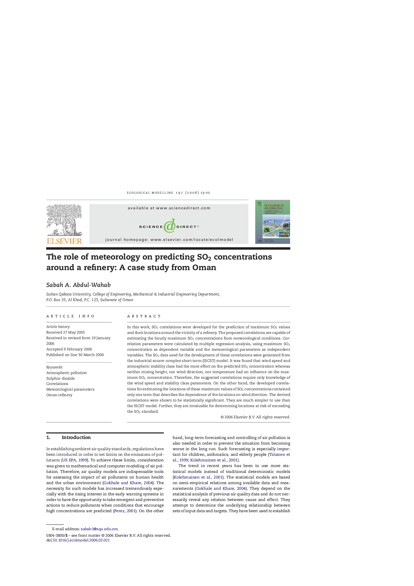 The role of meteorology on predicting SO2 concentrations around a refinery: A case study from Oman