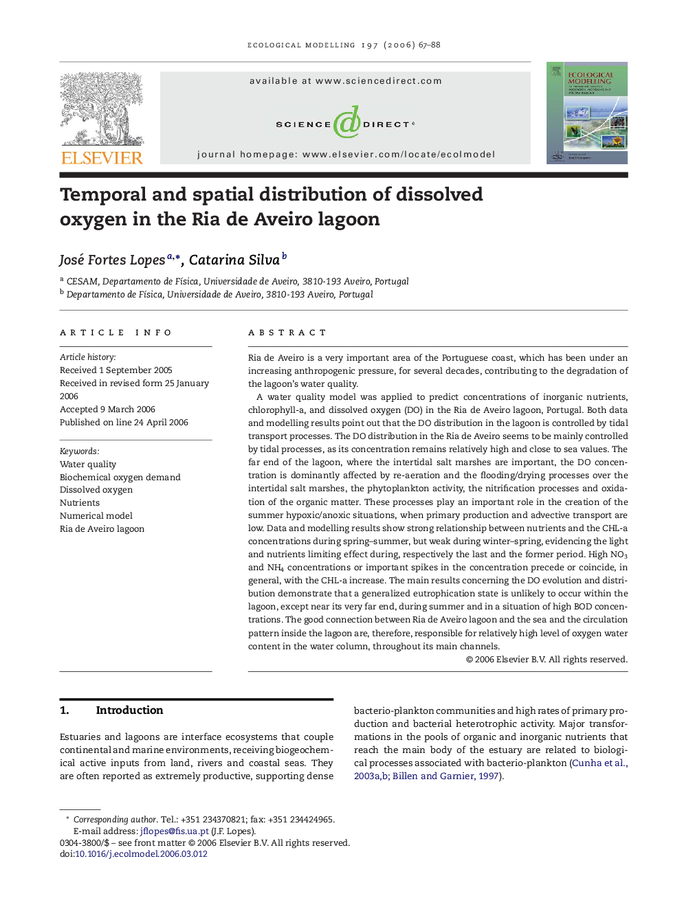 Temporal and spatial distribution of dissolved oxygen in the Ria de Aveiro lagoon