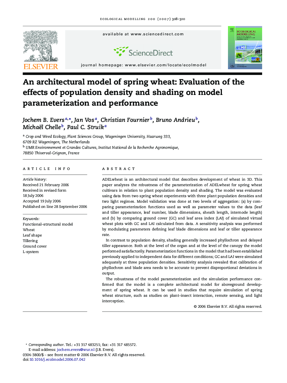 An architectural model of spring wheat: Evaluation of the effects of population density and shading on model parameterization and performance