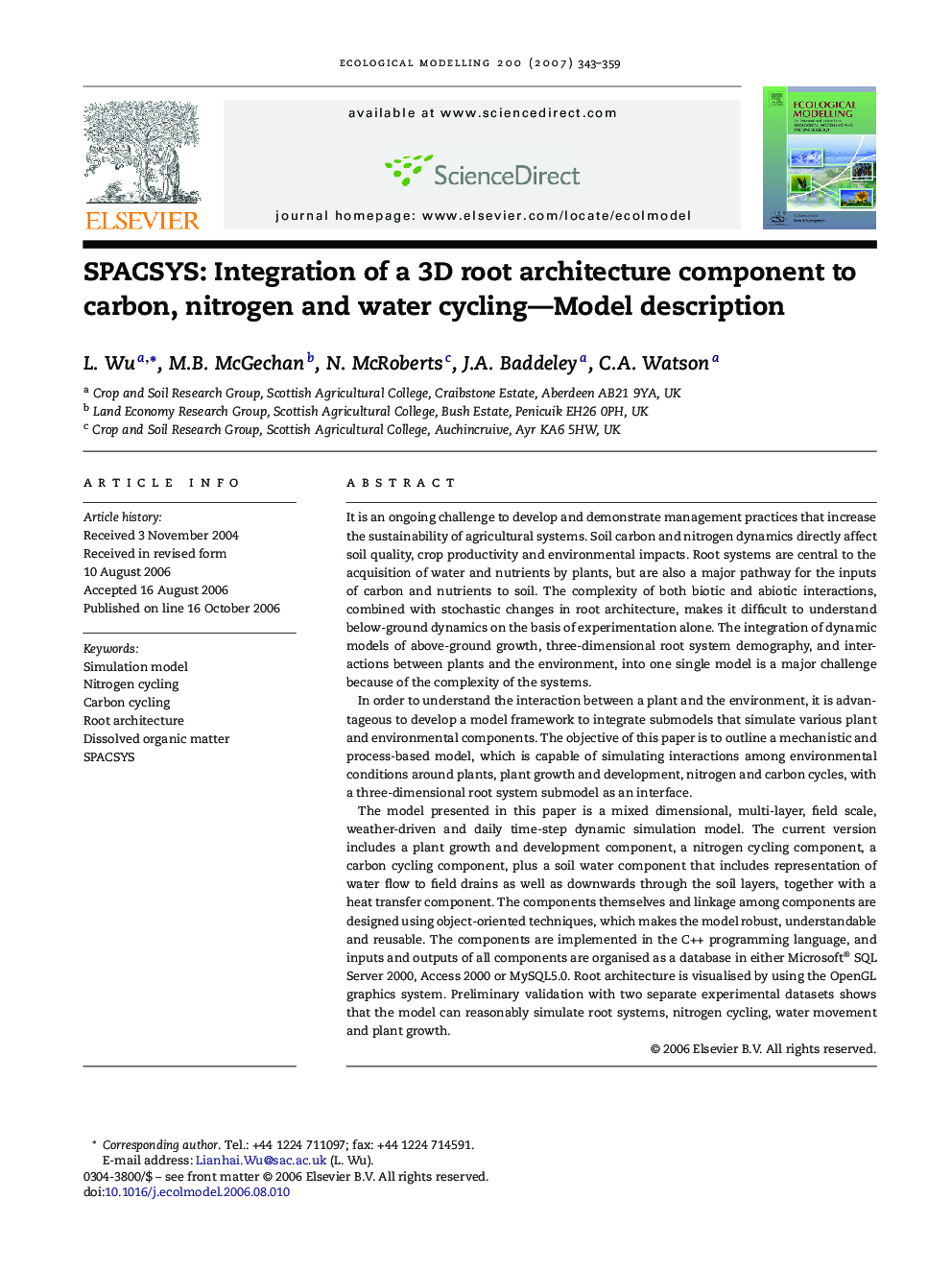 SPACSYS: Integration of a 3D root architecture component to carbon, nitrogen and water cycling—Model description