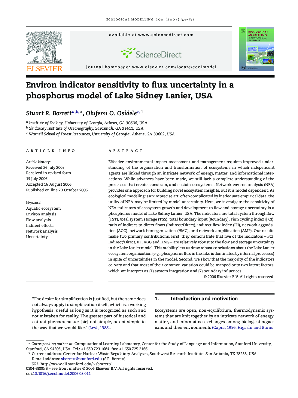 Environ indicator sensitivity to flux uncertainty in a phosphorus model of Lake Sidney Lanier, USA