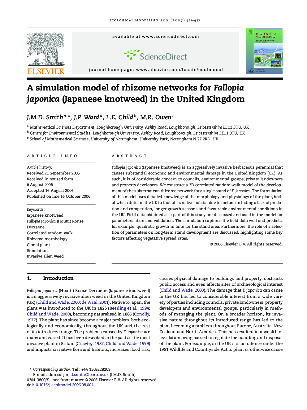 A simulation model of rhizome networks for Fallopia japonica (Japanese knotweed) in the United Kingdom