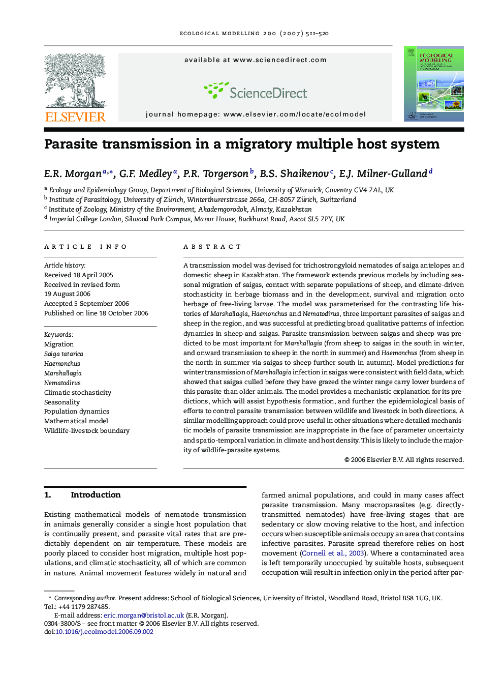 Parasite transmission in a migratory multiple host system