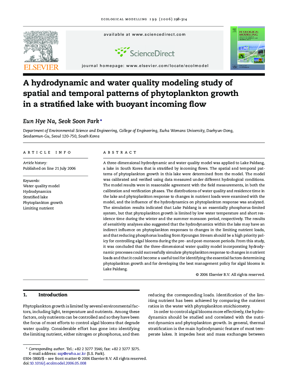 A hydrodynamic and water quality modeling study of spatial and temporal patterns of phytoplankton growth in a stratified lake with buoyant incoming flow