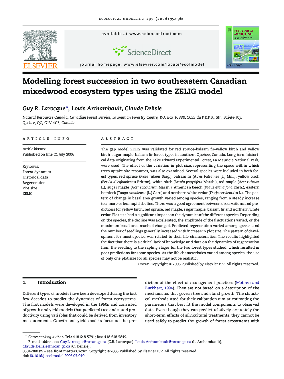 Modelling forest succession in two southeastern Canadian mixedwood ecosystem types using the ZELIG model