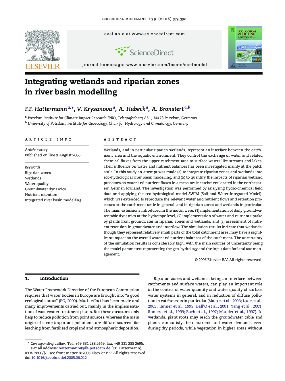 عکس صفحه اول مقاله: Integrating wetlands and riparian zones in river basin modelling Integrating wetlands and riparian zones in river basin modelling