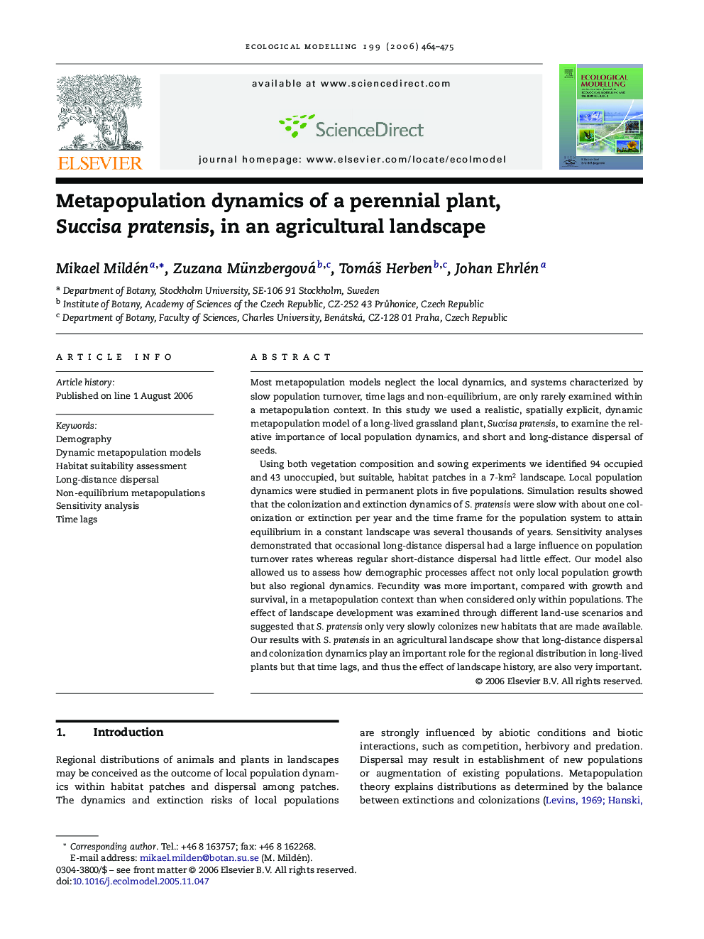 Metapopulation dynamics of a perennial plant, Succisa pratensis, in an agricultural landscape