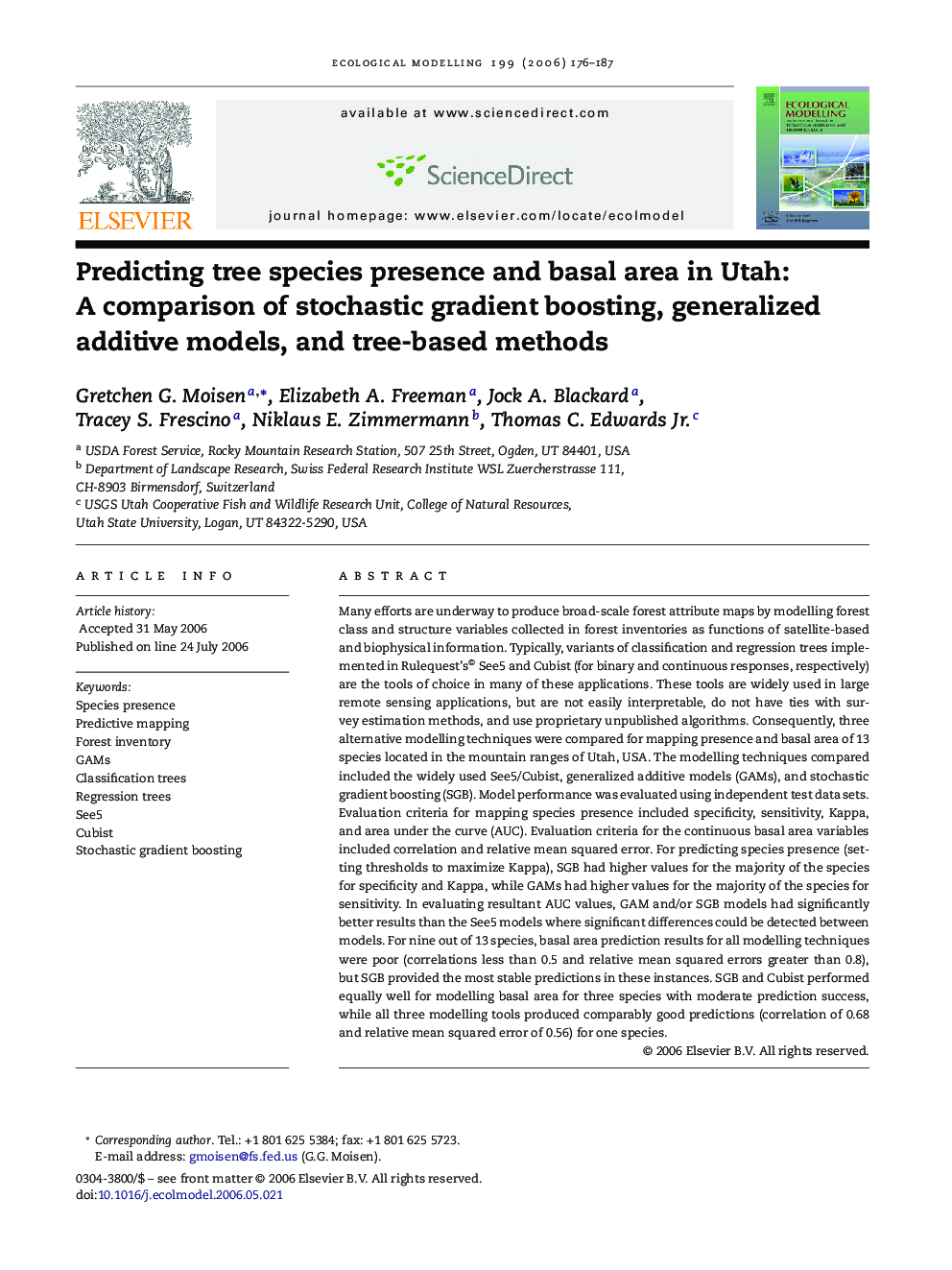 Predicting tree species presence and basal area in Utah: A comparison of stochastic gradient boosting, generalized additive models, and tree-based methods