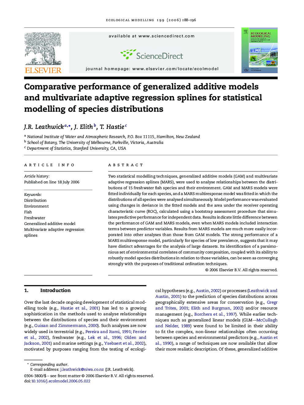 Comparative performance of generalized additive models and multivariate adaptive regression splines for statistical modelling of species distributions