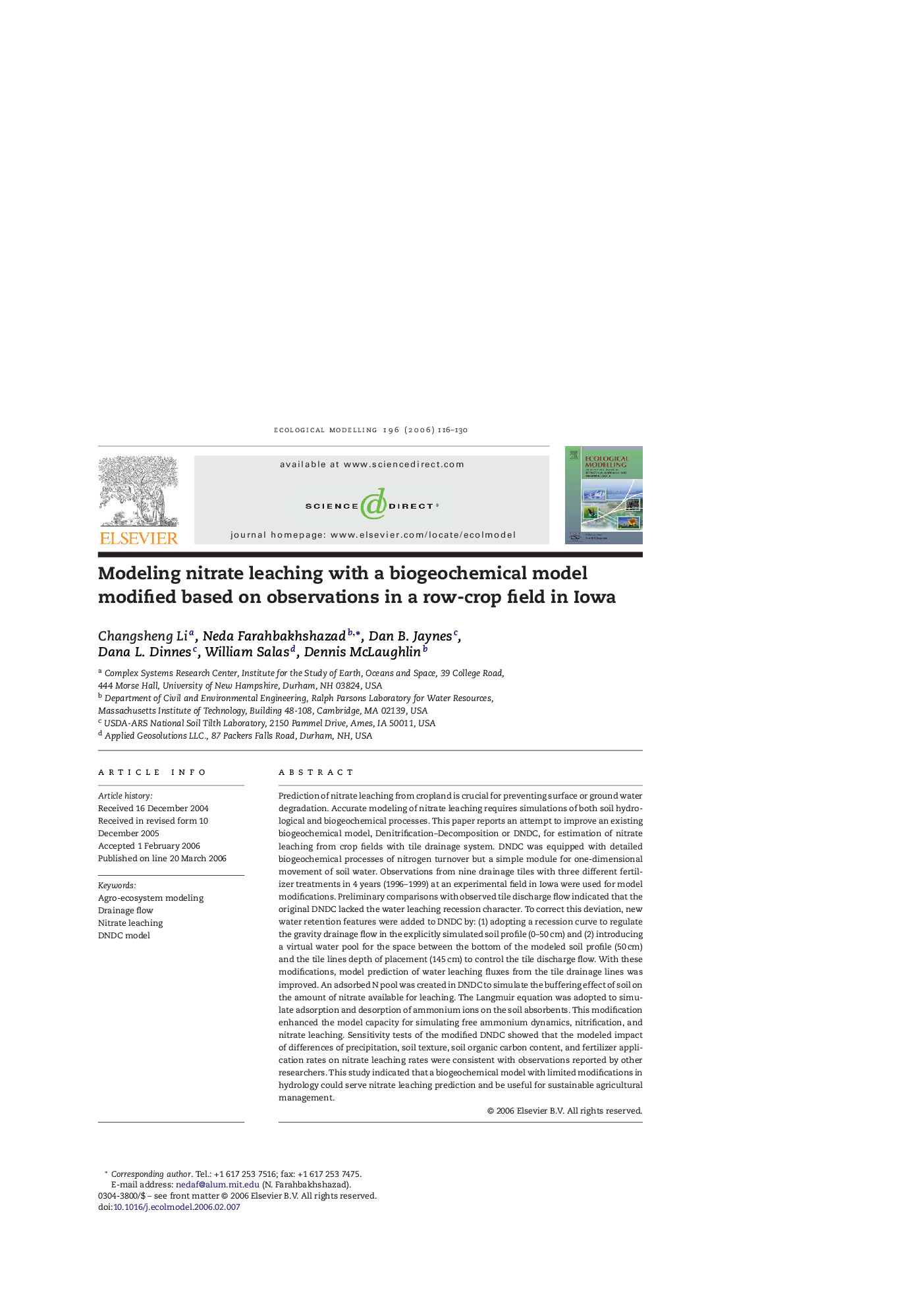 Modeling nitrate leaching with a biogeochemical model modified based on observations in a row-crop field in Iowa