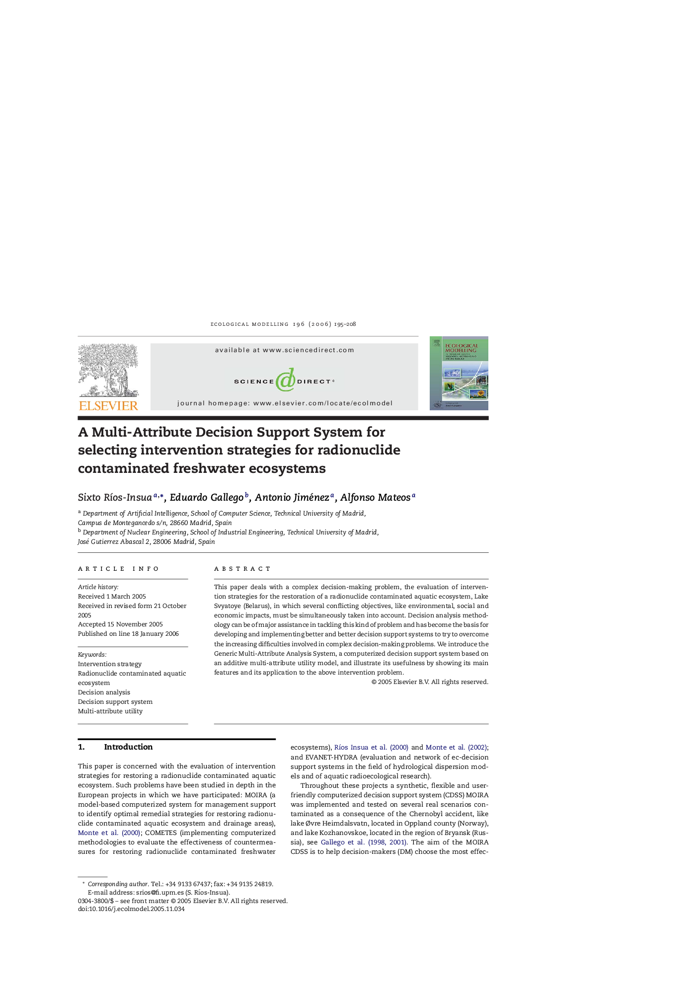 A Multi-Attribute Decision Support System for selecting intervention strategies for radionuclide contaminated freshwater ecosystems