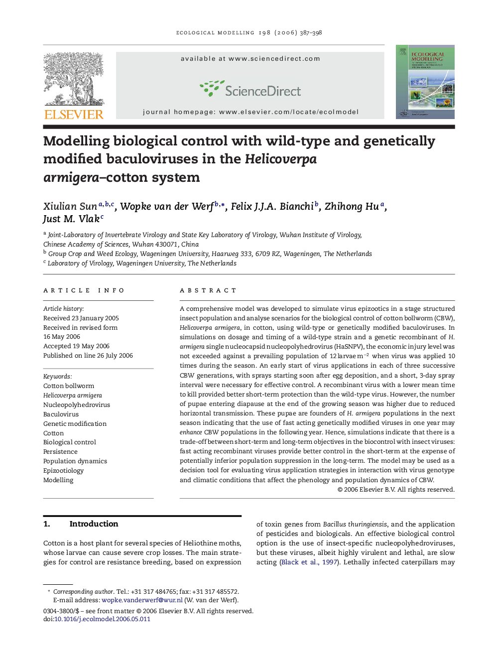 Modelling biological control with wild-type and genetically modified baculoviruses in the Helicoverpa armigera-cotton system