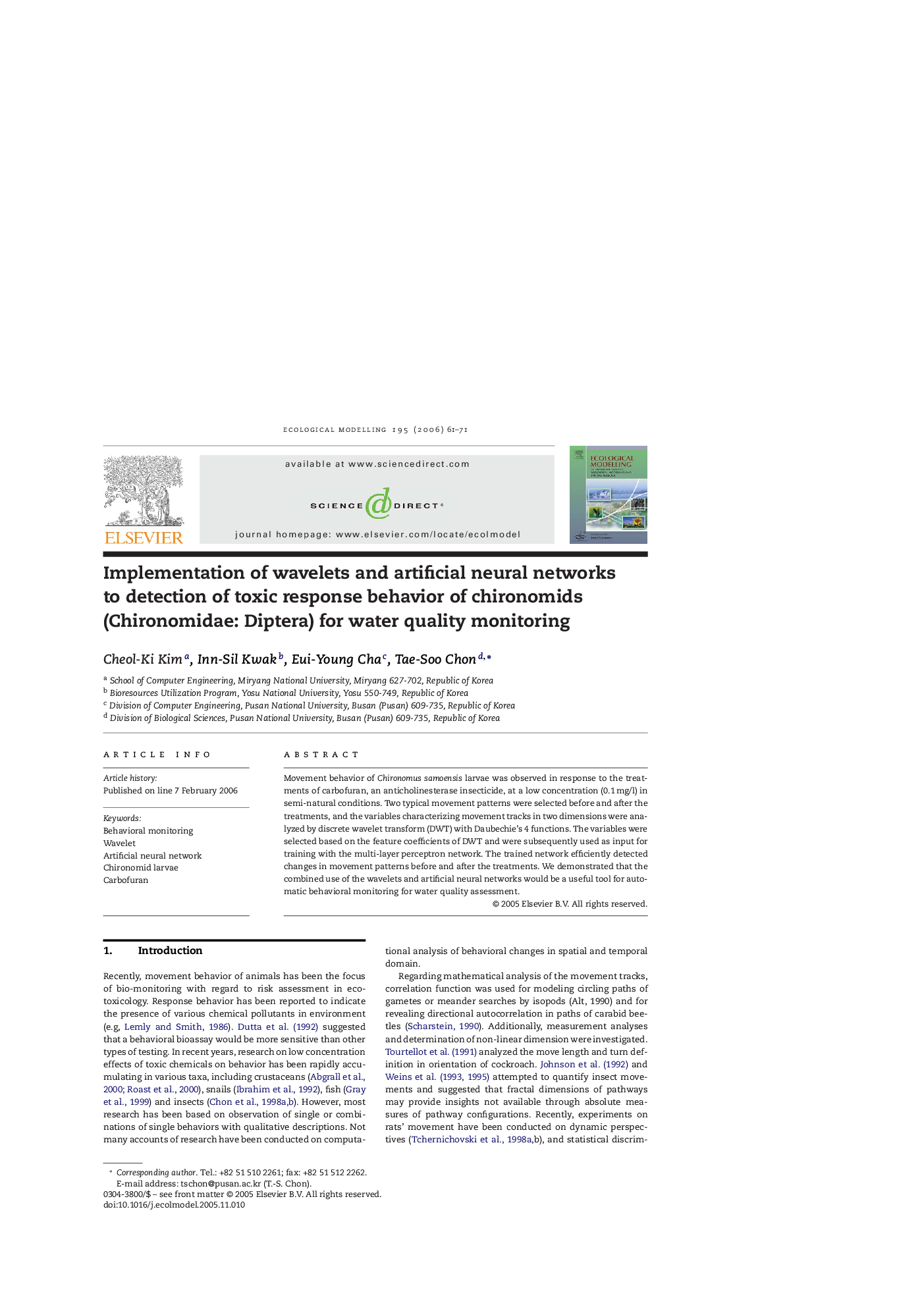 Implementation of wavelets and artificial neural networks to detection of toxic response behavior of chironomids (Chironomidae: Diptera) for water quality monitoring