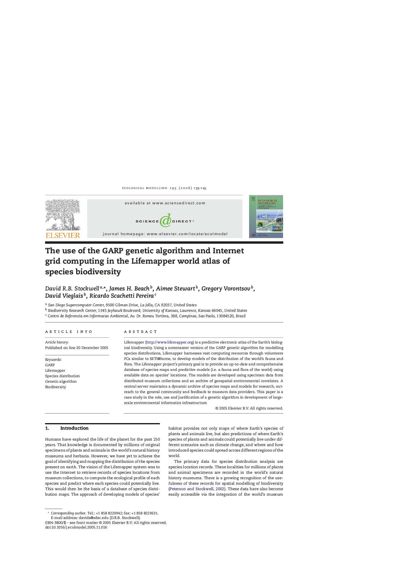 The use of the GARP genetic algorithm and Internet grid computing in the Lifemapper world atlas of species biodiversity